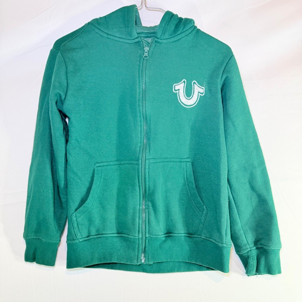 True Religion Kids Teal Green Zip Up Horseshoe Logo Hoodie Sweatshirt Size M 12